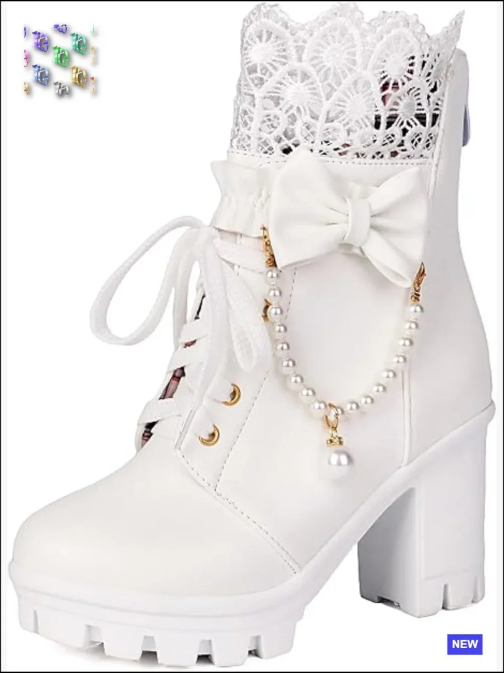 Platform Ankle Boots with Lace Pearl Chain Bow Chunky High Heel Goth Combat